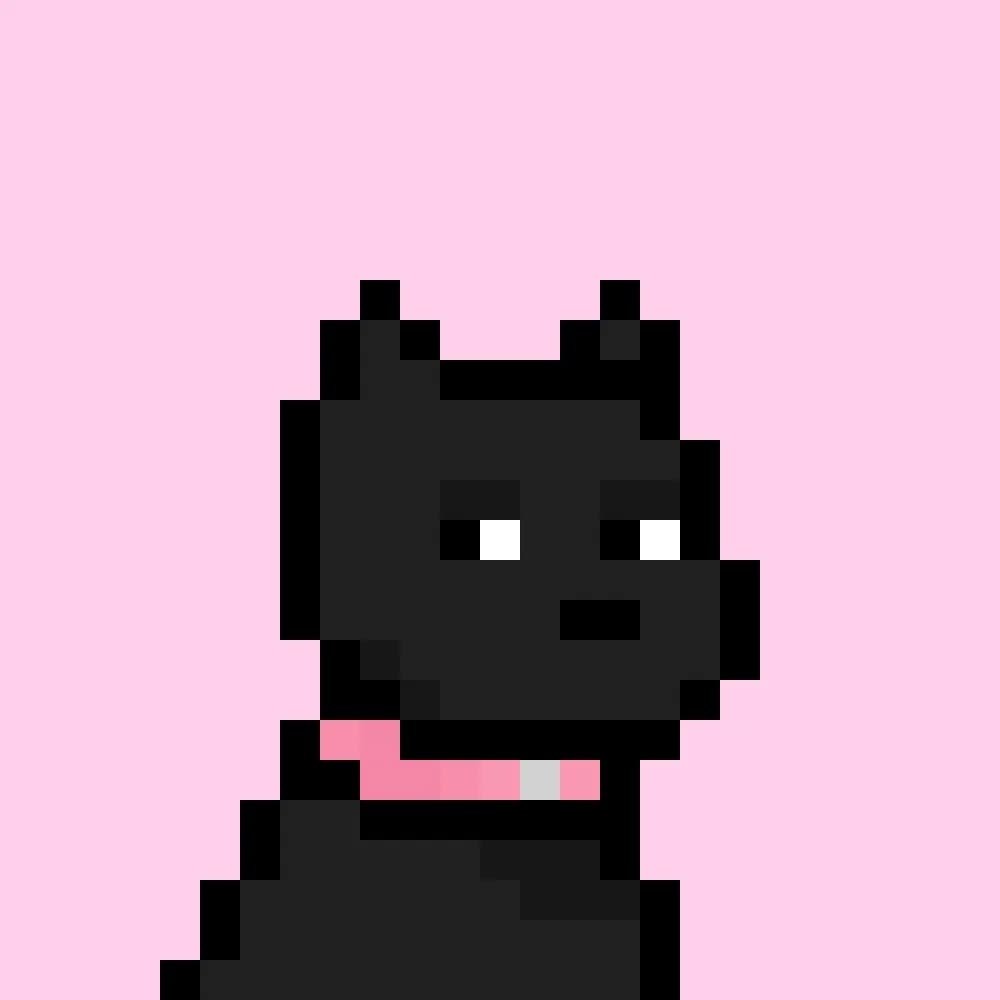 Official RoseMetaX pink-background pixel dog with a pink collar — Rose (@ROSEMETAX)